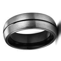 Silver and Black Center Grooved Tungsten Wedding Band Ring for Men