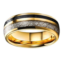 Yellow Gold Meteorite and Black Carbon Fiber Tungsten Mens Wedding Band Ring