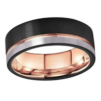 Rose Gold Grooved Tungsten Wedding Band Ring for Men with Black and Silver Brushed Finish