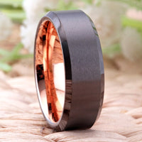 Rose Gold and Gunmetal Brushed Tungsten Wedding Band Ring for Men