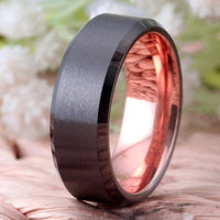 Rose Gold and Gunmetal Brushed Tungsten Wedding Band Ring for Men