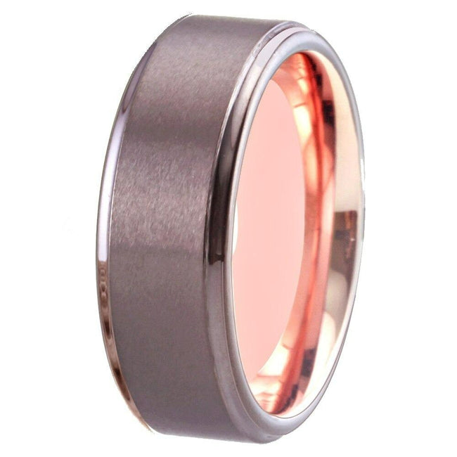 Rose Gold and Gunmetal Brushed Tungsten Wedding Band Ring for Men with Stepped Edges