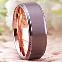 Rose Gold and Gunmetal Brushed Tungsten Wedding Band Ring for Men with Stepped Edges