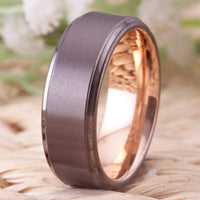 Rose Gold and Gunmetal Brushed Tungsten Wedding Band Ring for Men with Stepped Edges