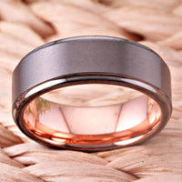 Rose Gold and Gunmetal Brushed Tungsten Wedding Band Ring for Men with Stepped Edges