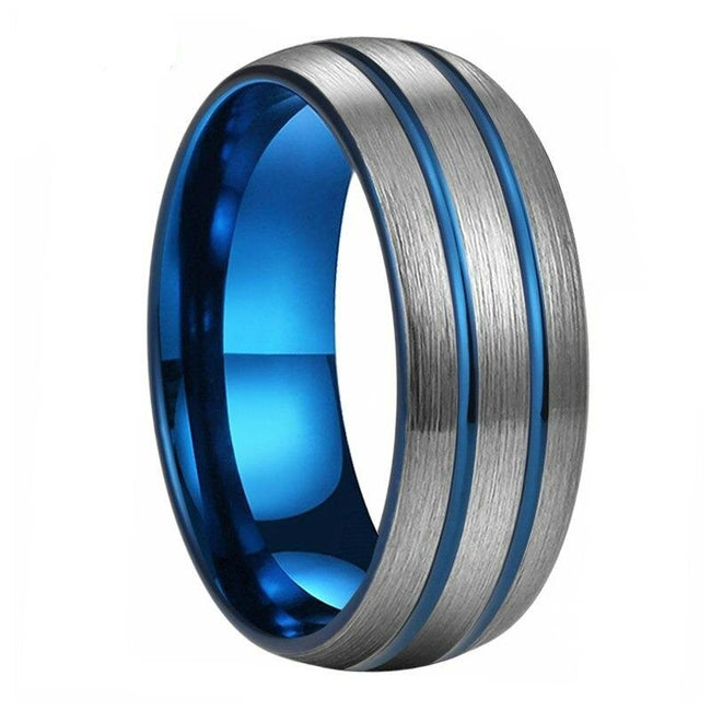 Blue and Silver Grooved Tungsten Wedding Band Ring for Men