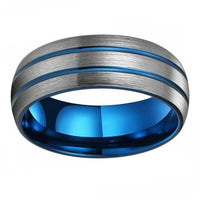 Blue and Silver Grooved Tungsten Wedding Band Ring for Men