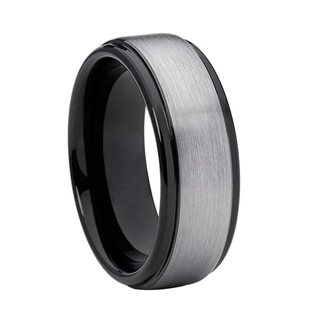 Black and Silver Brushed Tungsten Wedding Band Ring for Men with Stepped Edges