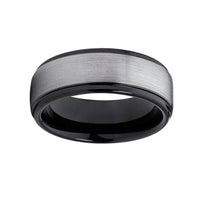 Black and Silver Brushed Tungsten Wedding Band Ring for Men with Stepped Edges