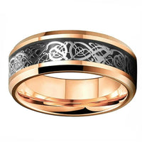 Rose Gold Celtic Dragon Tungsten Mens Wedding Band Ring with Black Carbon Fiber Inlay