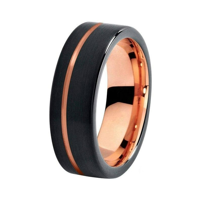 Rose Gold Black Offset Grooved Tungsten Wedding Band Ring for Men