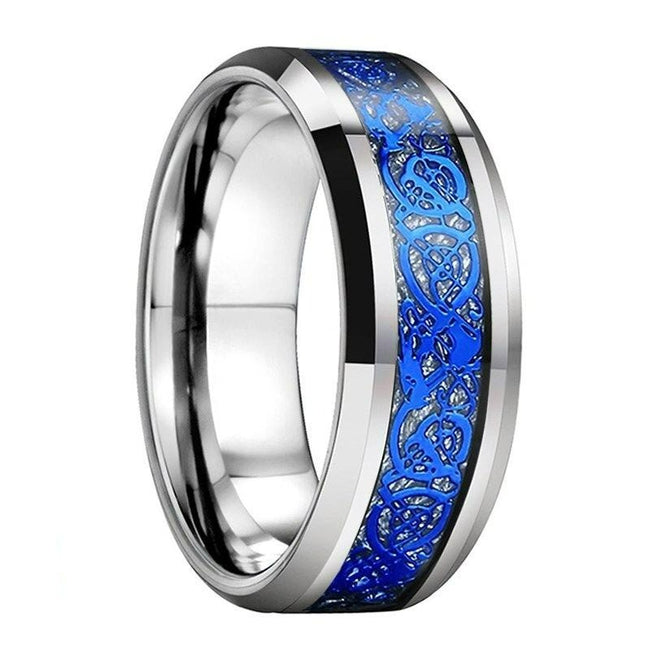 Blue and Silver Celtic Dragon Tungsten Mens Wedding Band Ring