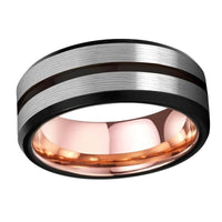 Black and Silver Grooved with Rose Gold Tungsten Wedding Band Ring for Men