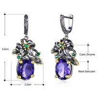 Blue Green Zirconia Black Gunmetal Plated Flower Design Earrings for Women