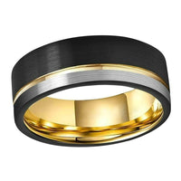 Black and Silver Brushed with Gold Grooved Tungsten Wedding Band Ring for Men