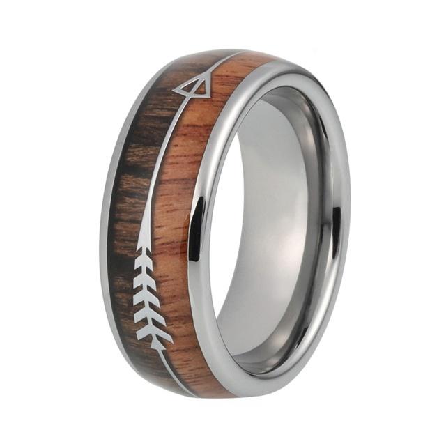 Silver Arrow and Koa Wood Tungsten Mens Wedding Band Ring