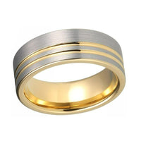 Silver and Yellow Gold Offset Grooved Tungsten Wedding Band Ring for Men