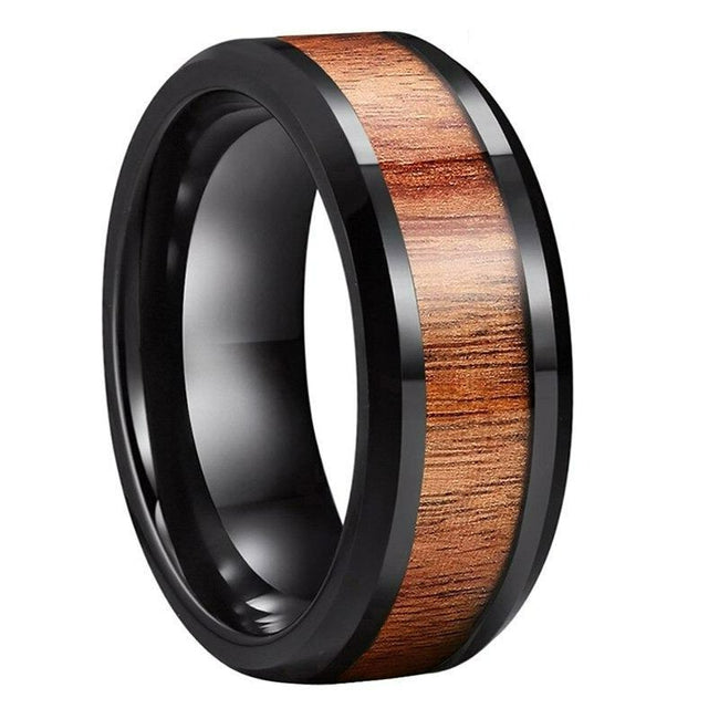 Black Koa Wood Inlay Tungsten Mens Wedding Band Ring