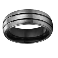 Black and Silver Matte Finish Tungsten Wedding Band Ring for Men with Double Grooves