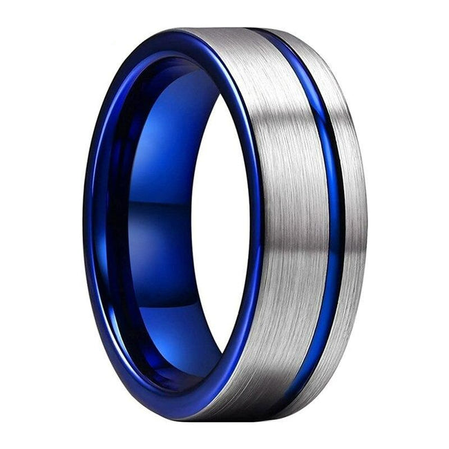 Silver and Blue Offset Grooved Tungsten Wedding Band Ring for Men