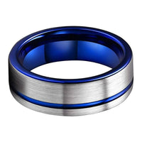 Silver and Blue Offset Grooved Tungsten Wedding Band Ring for Men