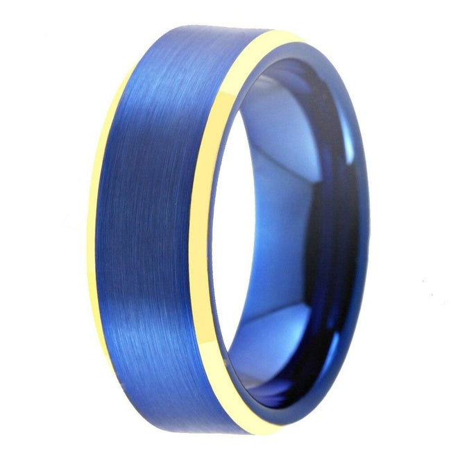 Blue Brushed Golden Edges Tungsten Wedding Band Ring for Men