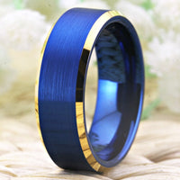 Blue Brushed Golden Edges Tungsten Wedding Band Ring for Men