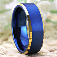 Blue Brushed Golden Edges Tungsten Wedding Band Ring for Men