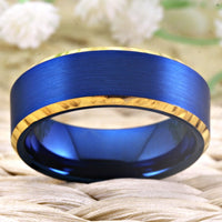 Blue Brushed Golden Edges Tungsten Wedding Band Ring for Men