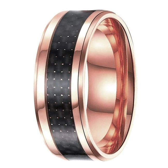 Rose Gold Tungsten Mens Wedding Band Ring with Carbon Fiber Inlay