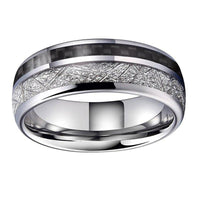 Silver Meteorite and Black Carbon Fiber Tungsten Mens Wedding Band Ring