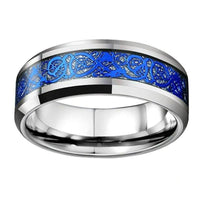 Blue and Silver Celtic Dragon Tungsten Mens Wedding Band Ring