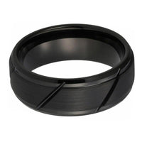 Black Multi Grooved Tungsten Wedding Band Ring for Men with Stepped Edges