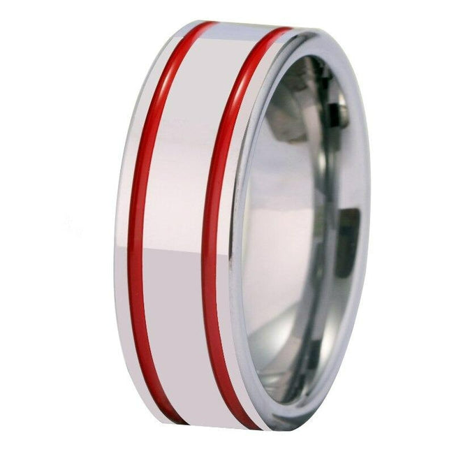 Silver with Red Grooves Tungsten Wedding Band Ring for Men