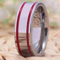 Silver with Red Grooves Tungsten Wedding Band Ring for Men