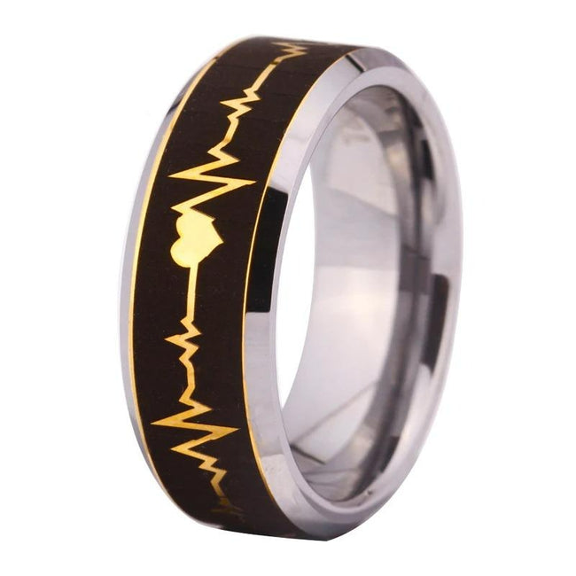 Black and Golden Heartbeat Design Tungsten Wedding Band Ring for Men