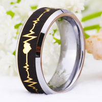 Black and Golden Heartbeat Design Tungsten Wedding Band Ring for Men