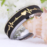 Black and Golden Heartbeat Design Tungsten Wedding Band Ring for Men