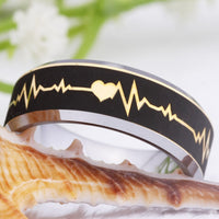 Black and Golden Heartbeat Design Tungsten Wedding Band Ring for Men