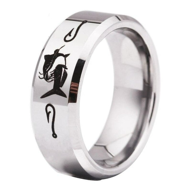 Silver Fish and Hooks Tungsten Wedding Band Ring for Men