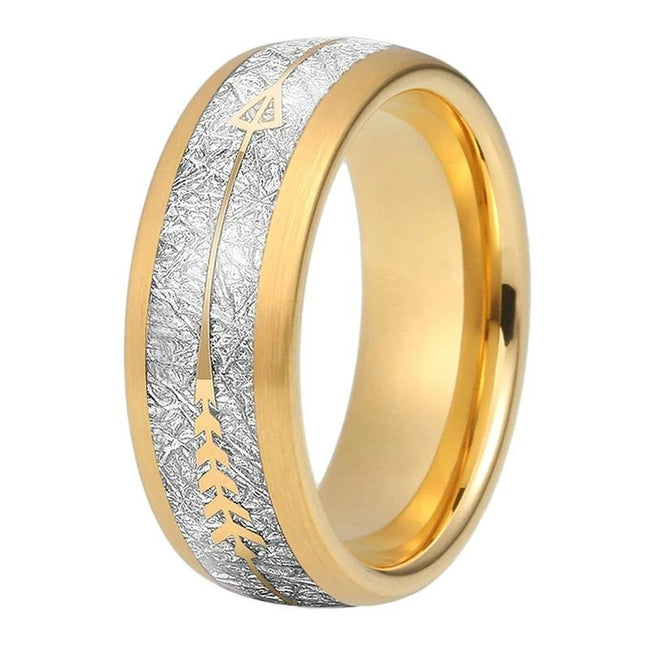 Yellow Gold Meteorite and Arrow Inlay Tungsten Mens Wedding Band Ring