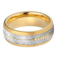 Yellow Gold Meteorite and Arrow Inlay Tungsten Mens Wedding Band Ring