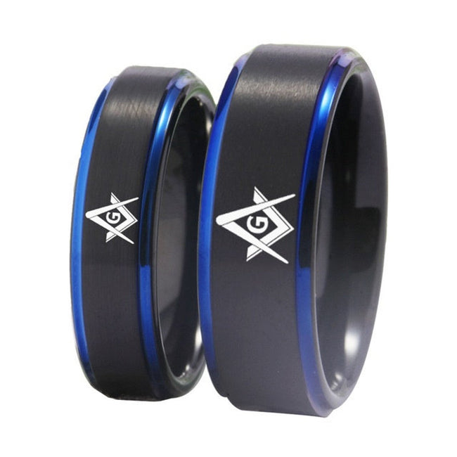 Black and Blue Masonic Couple Tungsten Wedding Band Ring for Men and Women