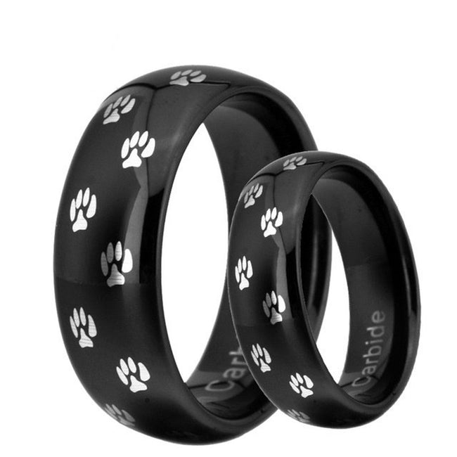 Black Dog Paw Print Couple Tungsten Wedding Band Ring for Men and Women