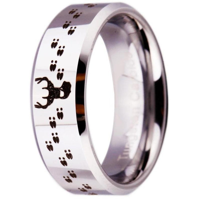 Silver Buck Deer Tracks Design Tungsten Wedding Band Ring for Men