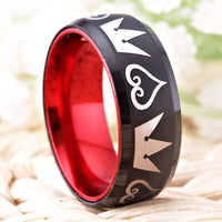 Black and Red Kingdom Heart and Crowns Wedding Band Ring for Men