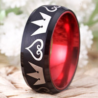 Black and Red Kingdom Heart and Crowns Wedding Band Ring for Men