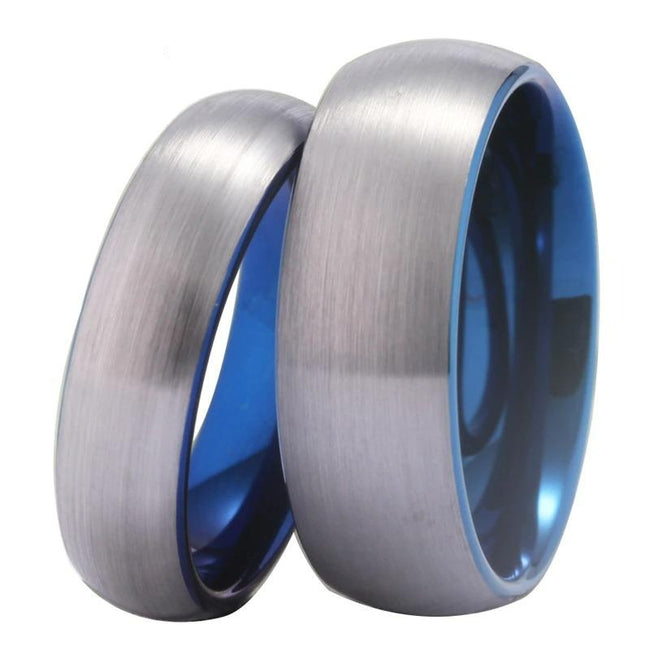 Blue and Silver Brushed Tungsten Wedding Band Ring for Men and Women