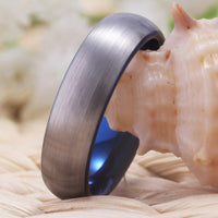 Blue and Silver Brushed Tungsten Wedding Band Ring for Men and Women