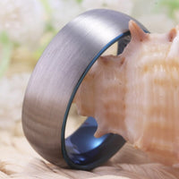 Blue and Silver Brushed Tungsten Wedding Band Ring for Men and Women